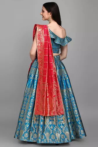 Turquoise Jacquard Woven Mehendi Lehenga Choli