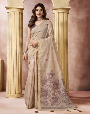 Beige elegant cotton saree with tassels & blouse 1