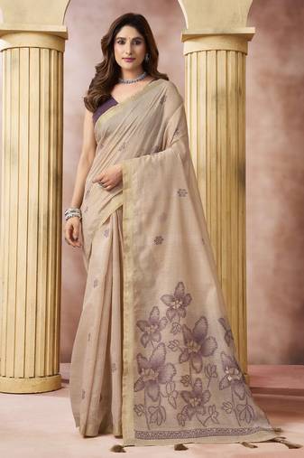 Beige elegant cotton saree with tassels & blouse