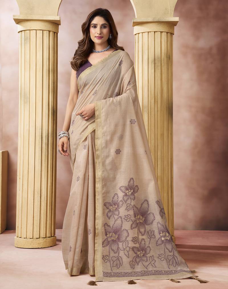 Beige elegant cotton saree with tassels & blouse