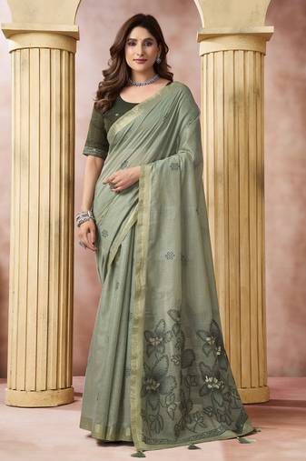 Green elegant cotton saree with tassels & blouse