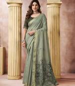 Green elegant cotton saree with tassels & blouse