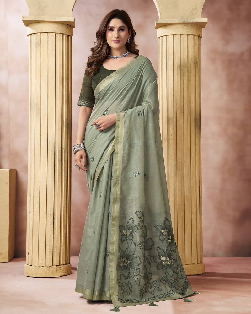 Green elegant cotton saree with tassels & blouse