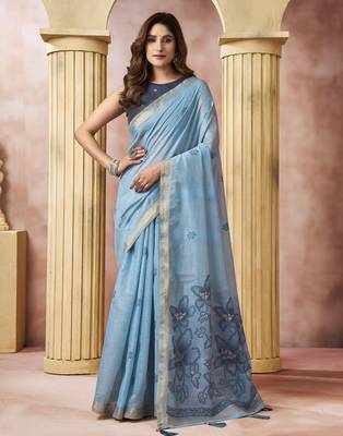 Sky blue elegant cotton saree with tassels & blouse 1