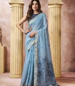 Sky blue elegant cotton saree with tassels & blouse