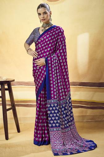 Purple designer modal satin ajrakh print saree with unstitched blouse