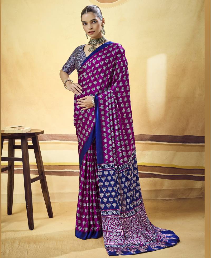 Purple designer modal satin ajrakh print saree with unstitched blouse