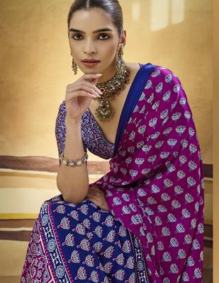 Purple designer modal satin ajrakh print saree with unstitched blouse 2