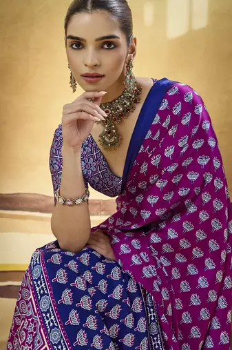 Purple designer modal satin ajrakh print saree with unstitched blouse