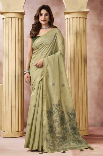 Olive elegant cotton saree with tassels & blouse