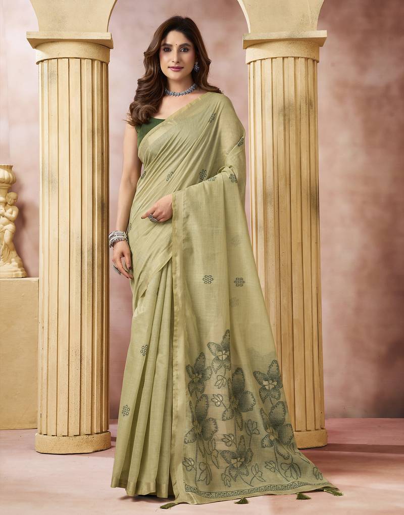 Olive elegant cotton saree with tassels & blouse