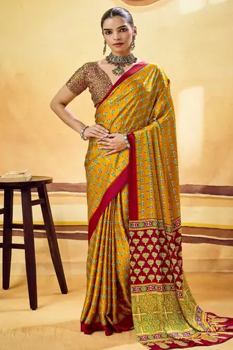 Mustard designer modal satin ajrakh print saree with unstitched blouse
