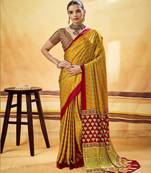 Mustard designer modal satin ajrakh print saree with unstitched blouse