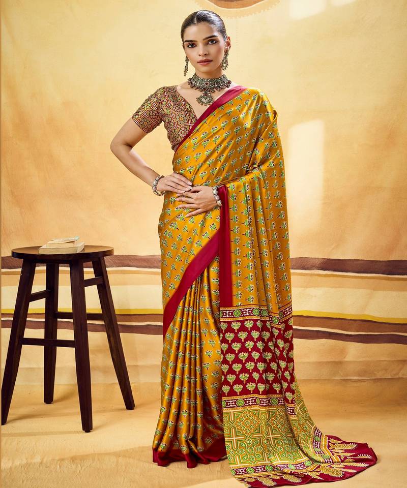 Mustard designer modal satin ajrakh print saree with unstitched blouse