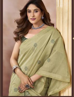 Olive elegant cotton saree with tassels & blouse 2