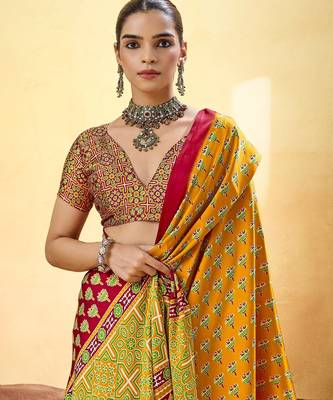 Mustard designer modal satin ajrakh print saree with unstitched blouse 2