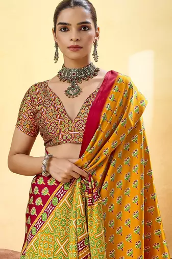 Mustard designer modal satin ajrakh print saree with unstitched blouse