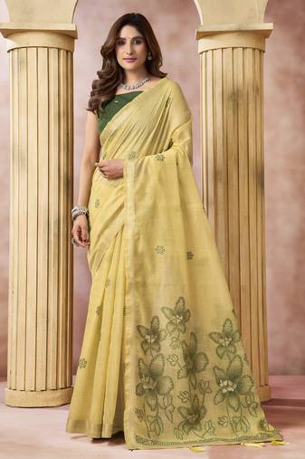 Yellow elegant cotton saree with tassels & blouse