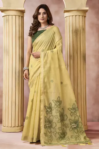 Yellow elegant cotton saree with tassels & blouse