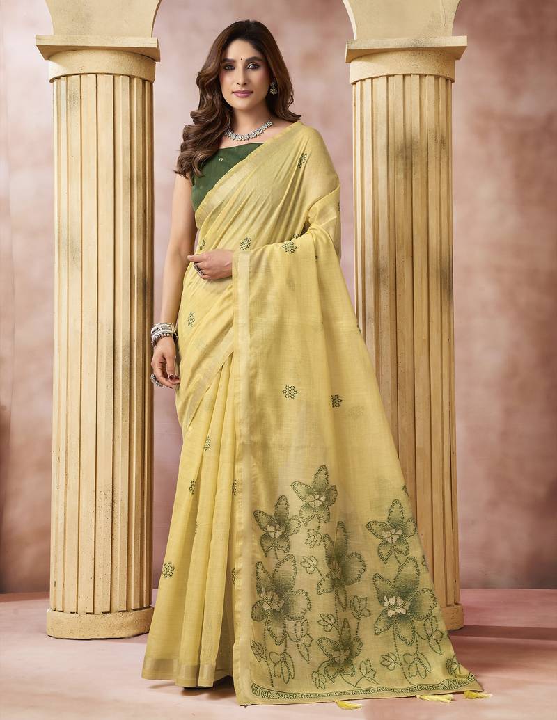 Yellow elegant cotton saree with tassels & blouse