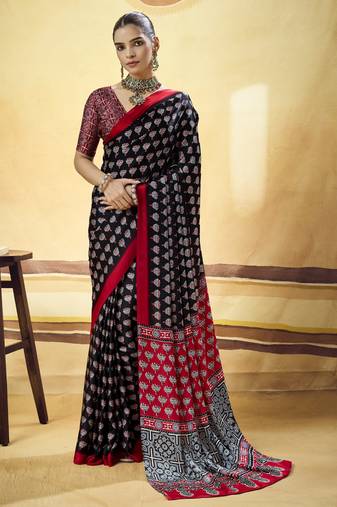 Black designer modal satin ajrakh print saree with unstitched blouse