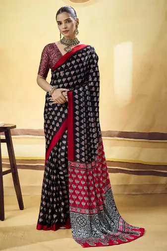Black designer modal satin ajrakh print saree with unstitched blouse