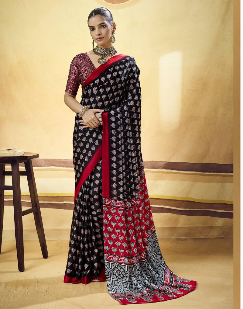 Black designer modal satin ajrakh print saree with unstitched blouse