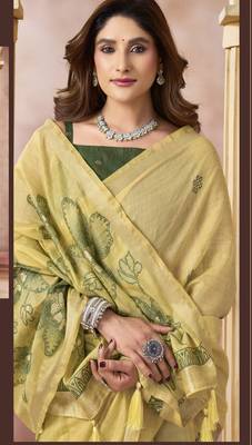 Yellow elegant cotton saree with tassels & blouse 2