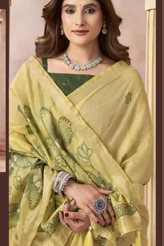 Yellow elegant cotton saree with tassels & blouse