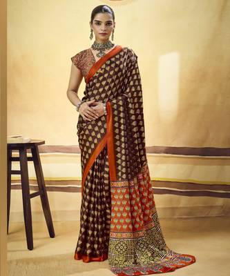 Brown designer modal satin ajrakh print saree with unstitched blouse 1