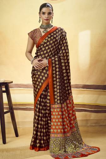 Brown designer modal satin ajrakh print saree with unstitched blouse