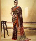 Brown designer modal satin ajrakh print saree with unstitched blouse