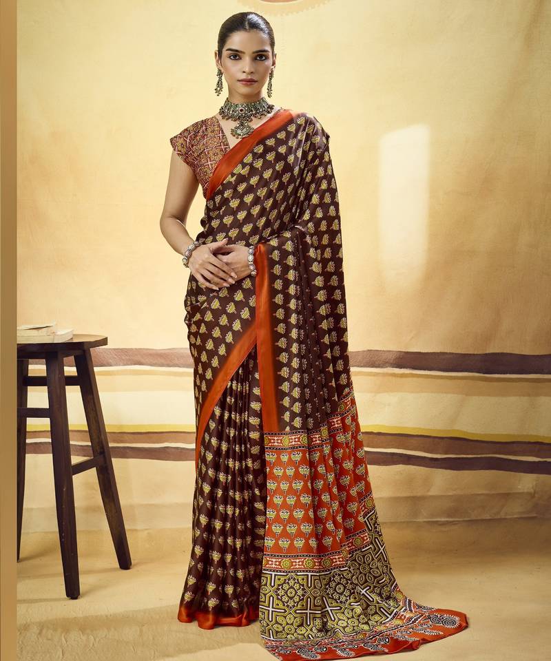 Brown designer modal satin ajrakh print saree with unstitched blouse