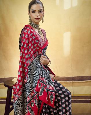 Black designer modal satin ajrakh print saree with unstitched blouse 2