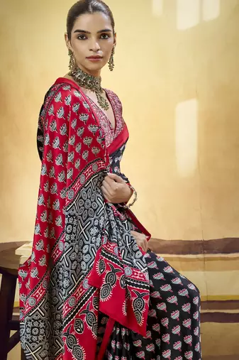 Black designer modal satin ajrakh print saree with unstitched blouse