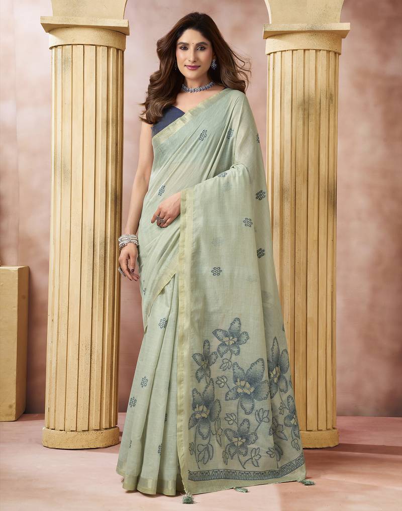 Green elegant cotton saree with tassels & blouse