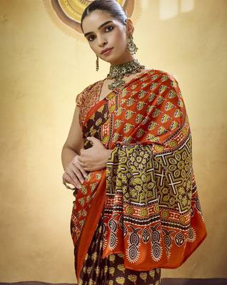 Brown designer modal satin ajrakh print saree with unstitched blouse 2