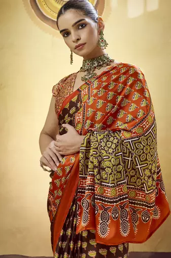 Brown designer modal satin ajrakh print saree with unstitched blouse