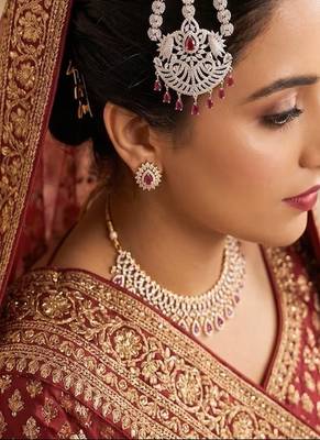 silver finish ruby jhumar passa, cz stone pakistani headpiece, bridal jewellery 1