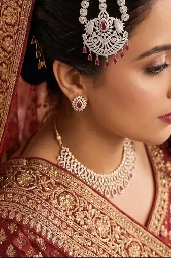 silver finish ruby jhumar passa, cz stone pakistani headpiece, bridal jewellery