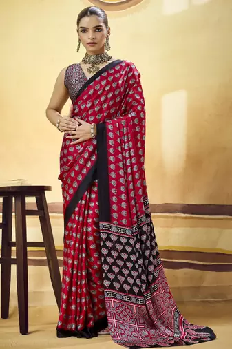 Maroon designer modal satin ajrakh print saree with unstitched blouse
