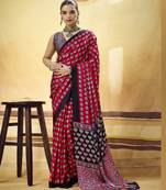 Maroon designer modal satin ajrakh print saree with unstitched blouse