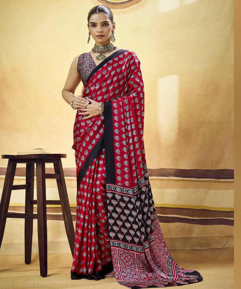Maroon designer modal satin ajrakh print saree with unstitched blouse