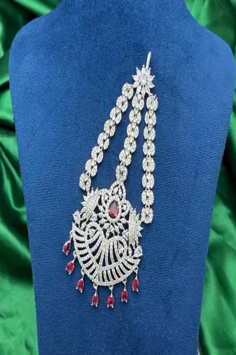silver finish ruby jhumar passa, cz stone pakistani headpiece, bridal jewellery