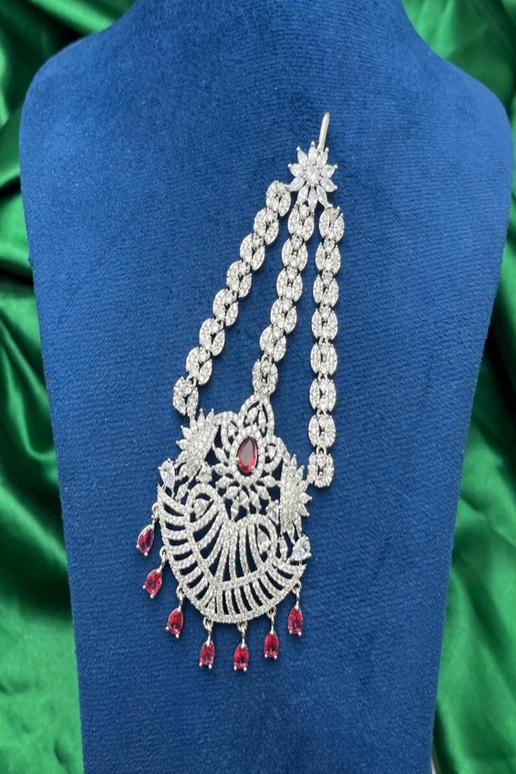 silver finish ruby jhumar passa, cz stone pakistani headpiece, bridal jewellery