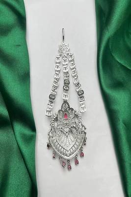 silver finish ruby jhumar passa, cz stone pakistani headpiece, bridal jewellery 3