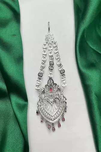 silver finish ruby jhumar passa, cz stone pakistani headpiece, bridal jewellery