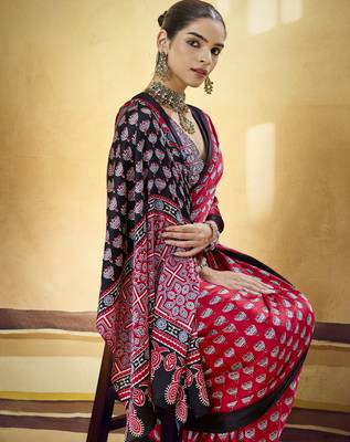 Maroon designer modal satin ajrakh print saree with unstitched blouse 2