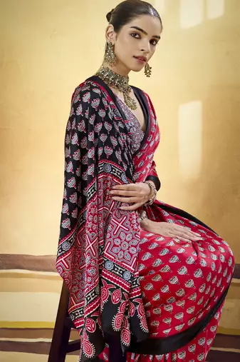 Maroon designer modal satin ajrakh print saree with unstitched blouse