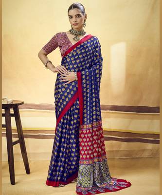 Blue designer modal satin ajrakh print saree with unstitched blouse 1